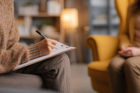 A person writes notes on a clipboard during a therapy session, reflecting a warm and inviting therapy environment focused on emotional well-being and support.の素材