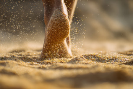 A close-up view of a person walking barefoot on sandy ground, capturing warm light and dust particles. This image conveys a sense of tranquility and freedom.の素材