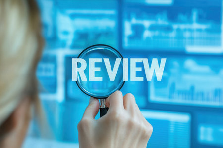 A person analyzes data with a magnifying glass in a modern office setting. The digital display shows various analytics, emphasizing the importance of review and evaluation.の素材