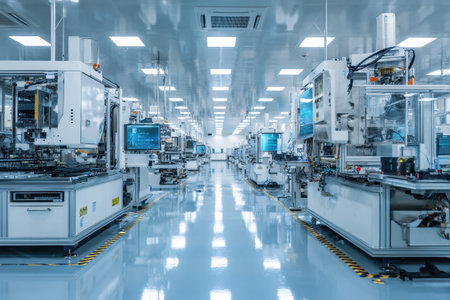 This image captures a modern industrial factory featuring a cleanroom environment filled with advanced machinery. The bright, sterile setting emphasizes technology and efficiency in manufacturing processes.の素材