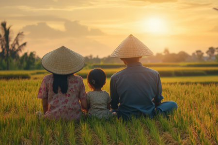 A serene sunset scene captures a family sitting together in a lush rice field, wearing traditional hats and enjoying peaceful moments in nature.の素材