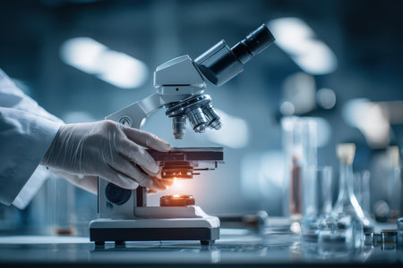 A close-up view of a microscope being operated in a modern laboratory, showcasing scientific glassware and tools, emphasizing precision and research.の素材