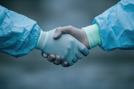 Two individuals in medical protective gear shake hands, symbolizing trust and unity in healthcare. This gesture represents collaboration in challenging environments.の素材