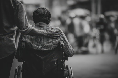 A heartfelt scene captures a person in a wheelchair receiving gentle support from a loved one amidst a bustling urban crowd. The image conveys warmth and connection.の素材