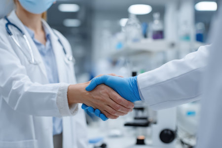 Close-up of medical professionals shaking hands in a laboratory, symbolizing cooperation and trust in healthcare. The scene shows a sterile, professional environment.の素材
