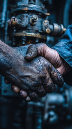 Two hands engage in a firm handshake in an industrial environment, depicting connection and collaboration. The dirt and oil signify hard work and commitment.の素材