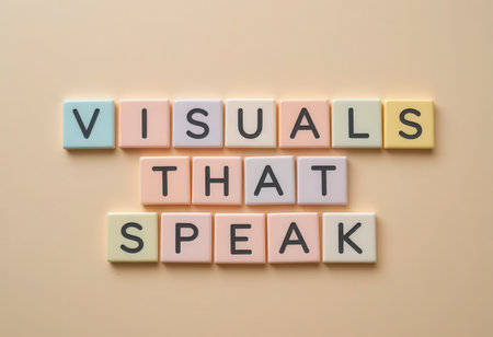 Colorful tiles spelling out "Visuals That Speak" create a modern design element. Ideal for concepts in communication, creativity, and visual aesthetic.の素材