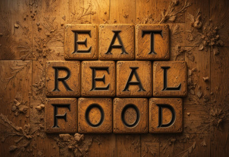 A rustic wooden background features inspirational typography that reads "Eat Real Food." This image emphasizes healthy living and natural ingredients in a creative way.の素材