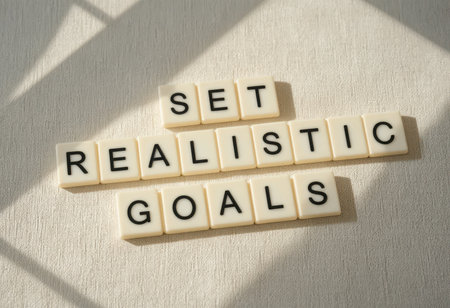 Close-up of text blocks spelling "Set Realistic Goals," symbolizing motivation and personal growth. Ideal for themes of achievement, planning, and success in life.の素材