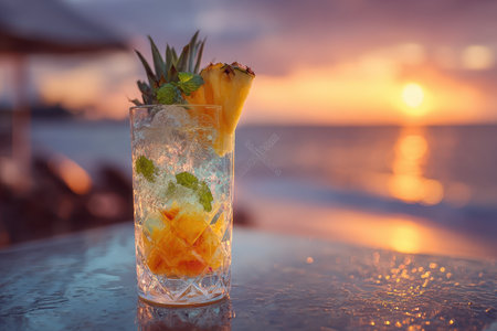 A vibrant tropical cocktail featuring pineapple and mint, set against a stunning beach sunset, perfect for summer relaxation and enjoyment.の素材