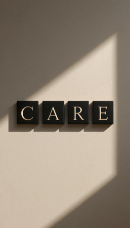 Minimalist wall art featuring the letters spelling "CARE" offers a modern and elegant touch to interiors. The interplay of light and shadow adds depth, creating a serene ambiance.の素材
