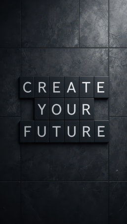 This image features an inspiring quote "Create Your Future" displayed on a dark tiled background, perfect for themes of motivation, creativity, and personal growth.の素材