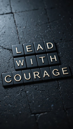 Inspirational message of "Lead with Courage," emphasizing leadership and empowerment in overcoming challenges with confidence and positivity.の素材