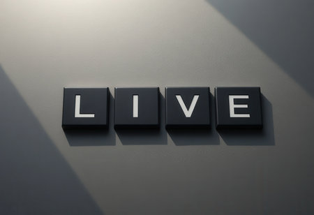 This minimalist wall art features the word "LIVE" in bold letters, creating a striking visual in a contemporary setting, complemented by soft shadows.の素材