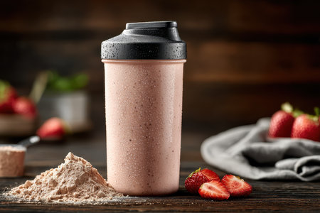 A mouthwatering protein shake presented in a shaker cup, accompanied by fresh strawberries and protein powder, perfect for fitness enthusiasts seeking nutritious beverages.の素材