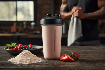A vibrant protein shake sits beside fresh berries and powder on a rustic table, symbolizing health and fitness, ideal for nutritious and delicious energy boosts.の素材