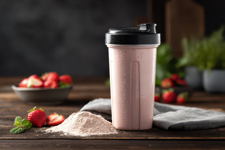 A vibrant strawberry protein smoothie in a shaker cup placed on a rustic wooden table, surrounded by fresh strawberries and powder, perfect for fitness enthusiasts.の素材