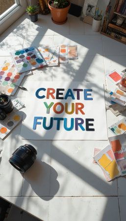 A vibrant workspace capturing a "Create Your Future" message with colorful art supplies and camera equipment, inspiring creativity and personal growth.の素材