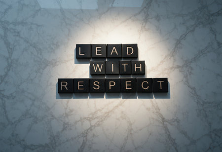 A motivational message displayed using black letter tiles on a stylish marble surface. Ideal for promoting leadership and respect in modern settings.の素材