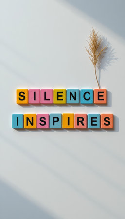 A creative arrangement of colorful blocks spelling "Silence Inspires" with a delicate dried plant, set against a light background emphasizing simplicity and positivity.の素材