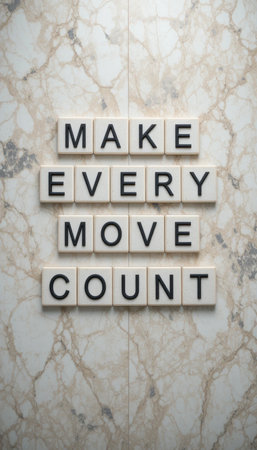 A motivational quote displayed using letter tiles on a marble surface, perfect for inspiration and personal growth, emphasizing the importance of making every move count.の素材