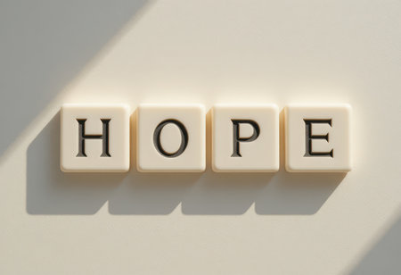 A creative display of the word "Hope" arranged with letter blocks, set against a soft background. The elegant light and shadow create a serene atmosphere, ideal for inspiration.の素材