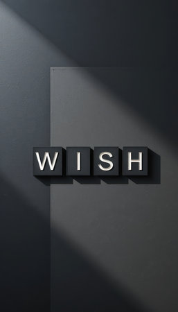 This minimalist artwork features the word "WISH" in bold, clean typography against a dark wall, casting soft shadows, evoking inspiration and creativity in any modern space.の素材