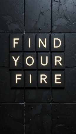 A contemporary motivational message displayed on sleek black tiles with glowing letters. Perfect for inspiring creativity and passion in any space.の素材
