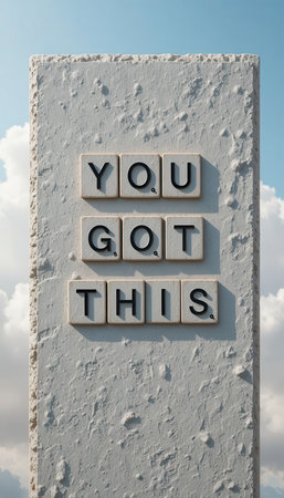A textured wall displays the uplifting message "YOU GOT THIS" against a backdrop of clouds and a blue sky, inspiring positivity and self-belief.の素材