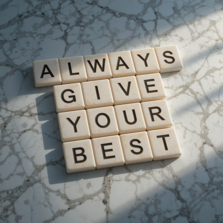 A motivational quote displayed with letter tiles on a stylish marble surface, capturing the essence of positivity and self-improvement through light and design.の素材