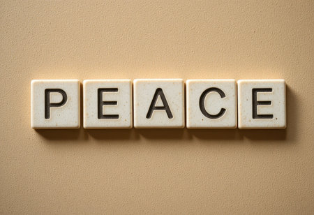 This image features the word "PEACE" creatively displayed with letter tiles against a simple background. It symbolizes tranquility, unity, and hope in various contexts.の素材