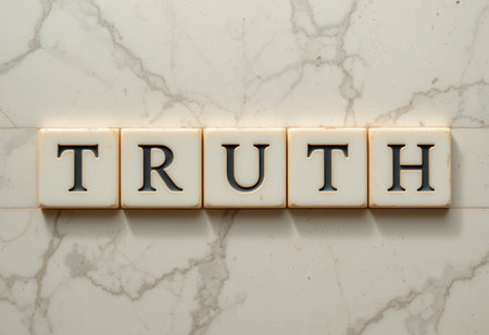 A close-up image featuring letter tiles spelling the word "TRUTH" on a sleek marble background, symbolizing honesty and integrity in communication.の素材