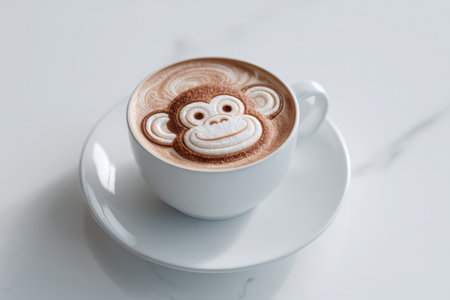 Delight in this whimsical monkey latte art served in a white cup, showcasing creativity and charm. Perfect for coffee enthusiasts and social media.の素材
