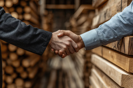 Two professionals shaking hands in a stock warehouse, surrounded by wooden planks. This image conveys trust, partnership, and agreement in a business setting.の素材