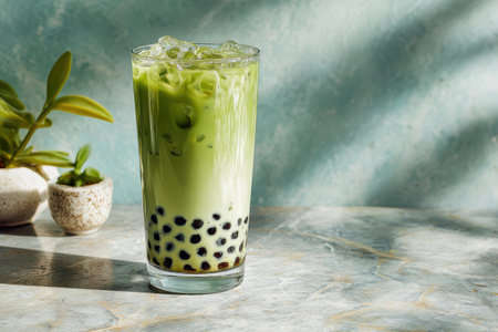 A refreshing glass of green bubble tea filled with ice and tapioca pearls, perfect for quenching thirst on a warm day, surrounded by minimalist decor.の素材