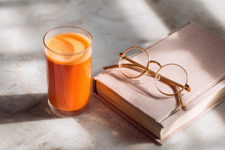 A refreshing glass of orange juice sits beside a book and trendy eyeglasses, creating a cozy atmosphere perfect for relaxation and enjoyment.の素材