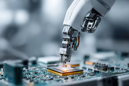 A robotic arm engages in precise assembly on a circuit board, showcasing advanced technology and automation in electronics manufacturing processes.の素材