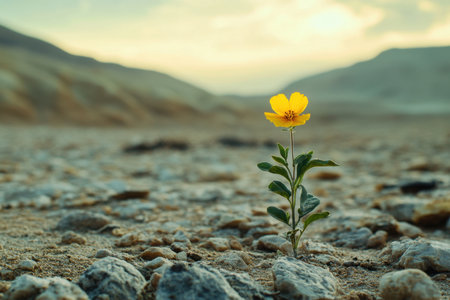 A vibrant yellow flower defies the harsh desert landscape, showcasing nature's resilience and beauty against a backdrop of soft sunset hues and gentle hills.の素材