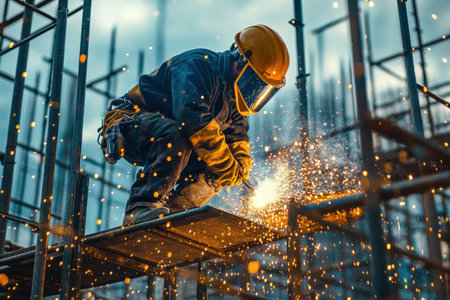 A skilled welder expertly cuts metal in a construction site, sending sparks flying amidst an urban backdrop, showcasing craftsmanship and safety in action.の素材