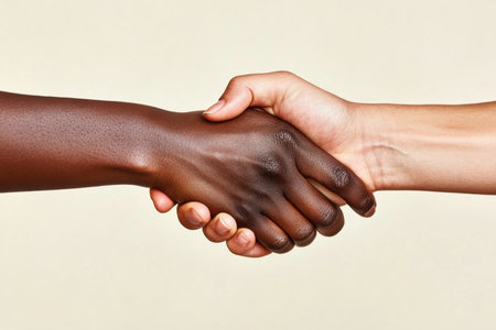 This image features two hands engaged in a handshake, symbolizing unity and cooperation. It highlights themes of diversity, respect, and mutual understanding in a personal and professional context.の素材