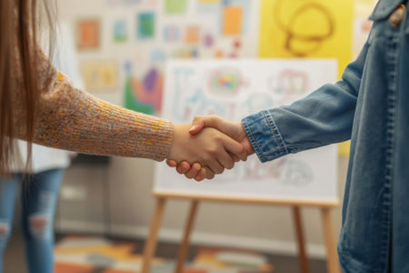 Two people engage in a handshake in a vibrant workspace filled with art. This image represents collaboration and trust in professional settings, ideal for business themes.の素材
