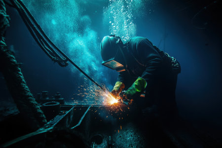 A skilled underwater welder operates in deep water, creating bright sparks while using specialized equipment. The scene captures the beauty and intensity of underwater construction work.の素材