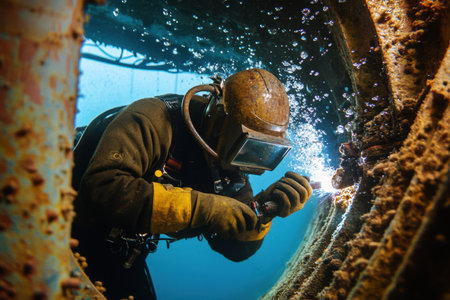 A skilled diver performs welding tasks inside a submerged shipwreck, showcasing a blend of adventure and craftsmanship in a vibrant underwater setting filled with bubbles.の素材