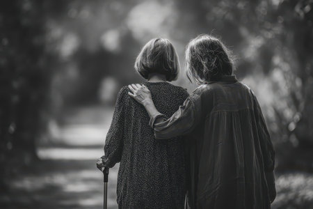 Two women walking together outdoors in a serene environment, showcasing support and companionship, surrounded by natureの素材