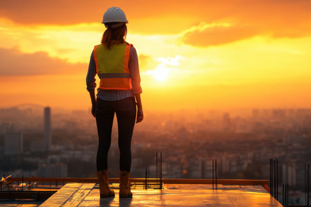 A woman in safety gear stands atop a construction site, enjoying a breathtaking sunset over a vibrant cityscape, symbolizing progress and dedication.の素材