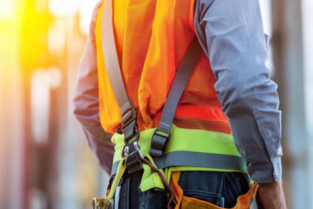 A worker wearing a bright safety vest stands on a construction site, bathed in warm sunlight, highlighting reflective straps and showcasing a professional environment.の素材