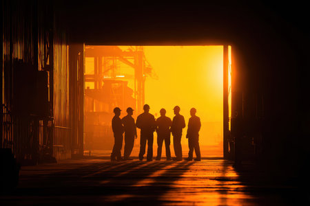 Silhouetted workers stand together against the glowing orange backdrop of sunrise in an industrial setting, showcasing teamwork and collaboration in a professional environment.の素材