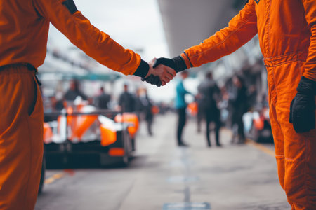Two racers in orange suits shake hands in a busy pit area, symbolizing teamwork and camaraderie in motorsport. The atmosphere is filled with excitement and preparation.の素材