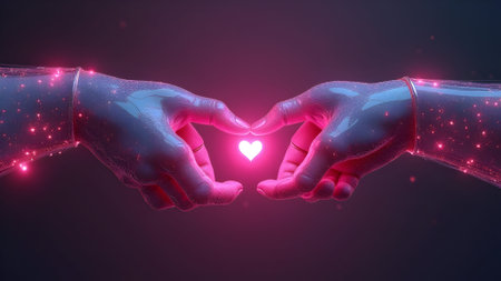 Conceptual image of human and robot hands making heart with fingersの素材