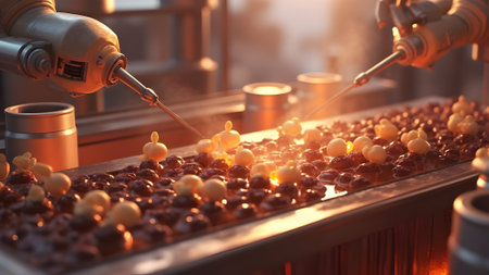 Industrial robotic hand making chocolate candies in factory, closeupの素材